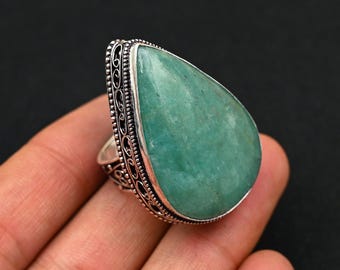 Handmade Aquamarine Ring: Oxidized Sterling Silver Stamped Jewelry
