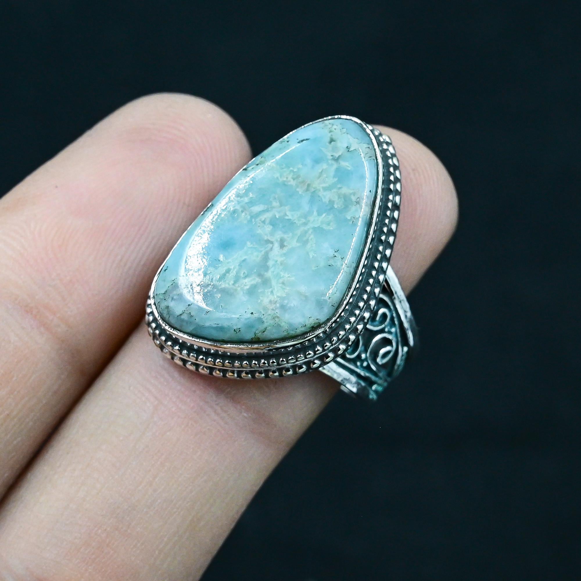 Larimar Ring / 925 Sterling Silver Ring / Healing Crystal Ring / Handmade Ring / Bohemian Jewelry / Oval Ring / Statement Ring/ Gift For Mom