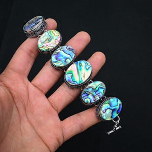 Abalone Shell Gemstone Silver Bracelet 925 Sterling Silver Bracelet Adjustable Beautiful Abalone Shell Silver Bracelet Jewelry Gift For Mom