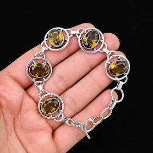 Pulseira de quartzo fumê com pedras preciosas, pulseira de prata esterlina 925, pulseira ajustável de quartzo fumê facetada, presente para ela, joias artesanais