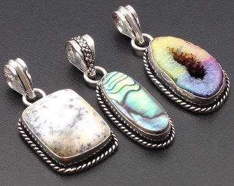 Dendritic Opal Abalone Shell Gemstone Pendant Jewellery 3 X Pendant Lot Woman Pendant Gemstone Jewelry Pendant Gift For Her Pendant Jewelry