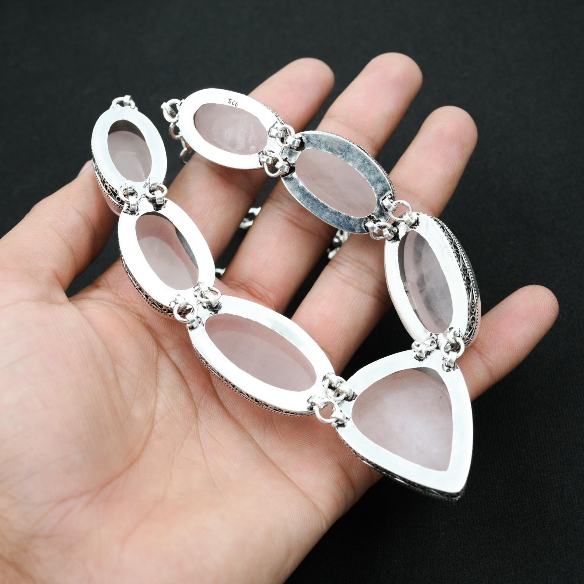 ハンドメイドローズクォーツネックレス、925スターリングシルバー