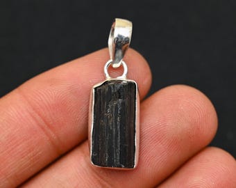 Black Rough Tourmaline  Silver Pendant 925 Sterling Silver Natural Tourmaline Gemstone Mini Pendant Silver Jewelry Pendant Valentine Gift