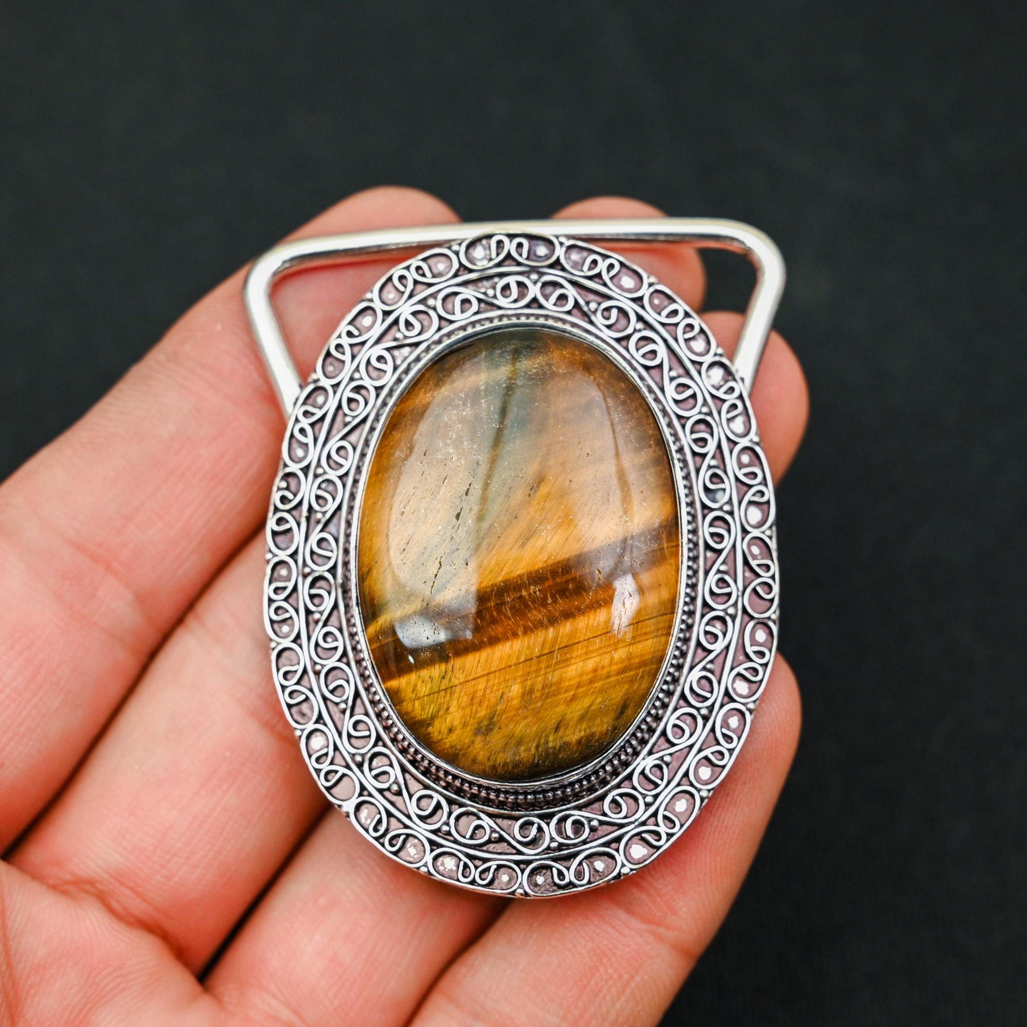 Tiger Eye Gemstone Silver Western Belt Buckle Oval Brown Tan Western Cowboy Style Buckle Tiger Eye Stone Belt Buckle  main image 2