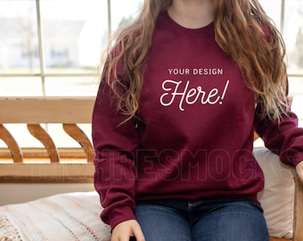 Gildan 18000 Mockup, Maroon Sweatshirt Mockup, Gildan 18000 Mockup Maroon, Model Mockup, Sweatshirt Mockup, Gildan 18000