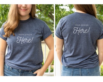 Gildan 64000 Mockup 3-Pack, Gildan 64000 Heather Navy Mockup, Gildan Back of Shirt Mockup, Model Mockup, 64000 Mockup, Heather Navy Mockup
