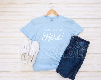 Gildan 64000 Stylized Mockup | Gildan Light Blue Tshirt Mockup | Gildan Softstyle Shirt Mockup | Gildan Shirt Flatlay | Blue Shirt Mockup