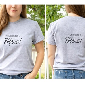 Gildan 64000 Mockup,  Gildan Back of Shirt Mockup, 64000 Mockup Grey, Heather Grey Shirt Mockup, Model Mockup, Gildan Heather Grey