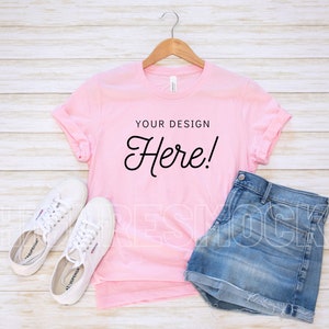 Bella Canvas 3001 Pink Mockup | Summer Bella Canvas Mockup | Bella Canvas 3001 Mockup | Flatlay Mockup | Styled Mockup Bella Canvas