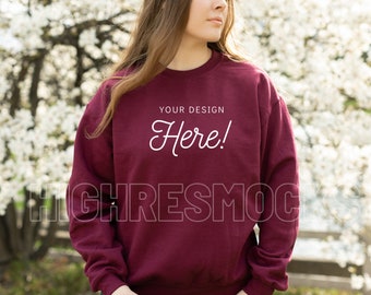 Gildan 18000 Mockup, Gildan Sweatshirt Mockup, Gildan Maroon Sweatshirt, Model Mockup, Spring Mockup, 18000 Mockup