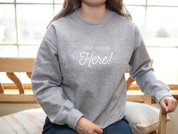 Gildan 18000 Heavy Blend Crewneck Sweatshirt Sport Grey Sweatshirt Mockup Gildan  Sweatshirt Mockup Model Mockup Lifestyle Mockup 