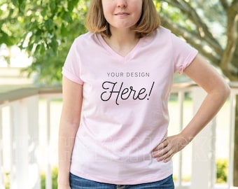 Bella Canvas 6405 Pink V-Neck T-Shirt Mockup (Digital Download)