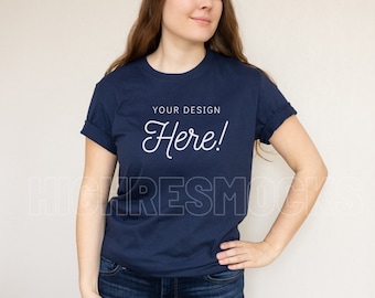Gildan 64000 Mockup, Gildan Navy Blue Tshirt Mockup, Gildan Softstyle Navy Blue Tshirt Mockup, Navy Blue Shirt Mockup, Model Mockup