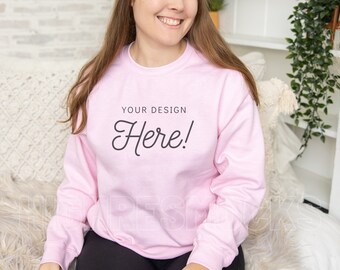 Gildan 18000 Pink Sweatshirt Mockup, High-Resolution (Digital Download)