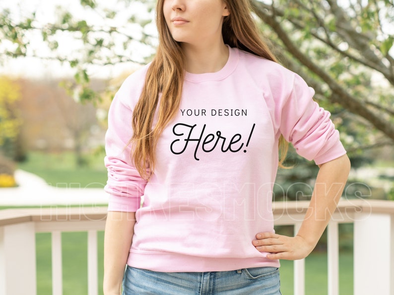 Gildan 18000 Mockup, Gildan Light Pink Sweatshirt, Model Mockup, Gildan Pink Sweatshirt Mockup, Pink Sweatshirt Mockup image 1