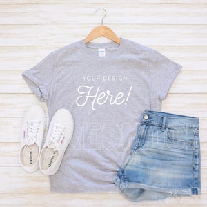 Gildan 64000 Mockup | Gildan Softstyle Sport Grey Mockup | Gildan Tshirt Mockup | Stylized Gildan Flatlay | Grey Tshirt Summer Mockup