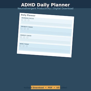 Puede incluir: Un planificador diario digital para el TDAH con el texto "ADHD Daily Planner" y "Neurodivergent Productivity | Digital Download". El planificador incluye secciones para el enfoque matutino, tareas prioritarias, control de energía y victorias de hoy.