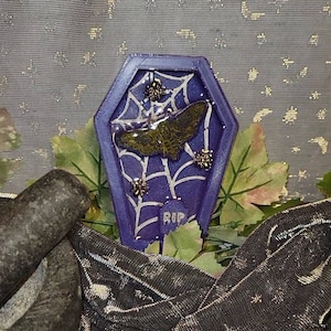Creepy cute decorative resin art. Coffin shaped tray. Halloween. Death moth. Spiders. Spiderweb.