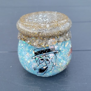 Cold and Heat miser decorative jar with scre on lid. Glittery resin. Lights up. Christmas. Yule. Winter. Storage jar. Holiday gift.