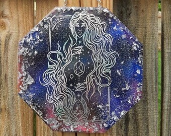 Mother earth wall hanging. Silver holographic design. Goddess wall  art.
