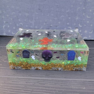 Graveyard opening jewelry box. Spooky. Creepy cute. Tarot card storage. Runes storage. Halloween. Gothic. Hand-poured resin. Ghosts.