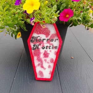 Coffin tray. Horror Hottie. Red and white. Glittery resin. Handmade. Horror decor. Ghoulish glam. Creepy cute. Spooky. Gothic.