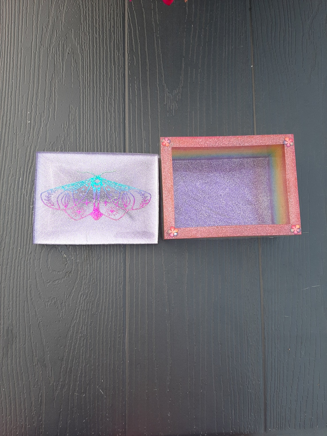 Glittery rainbow jewelry box. Resin box with lid and moth Etsy