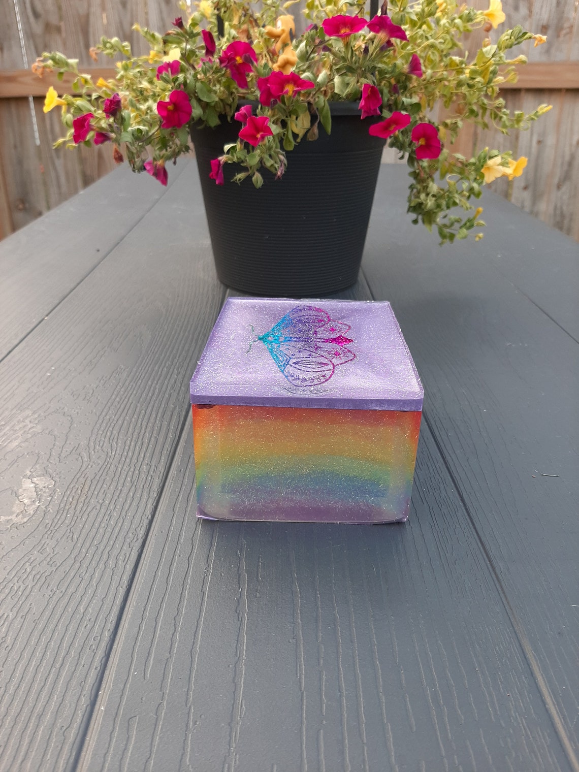 Glittery rainbow jewelry box. Resin box with lid and moth Etsy