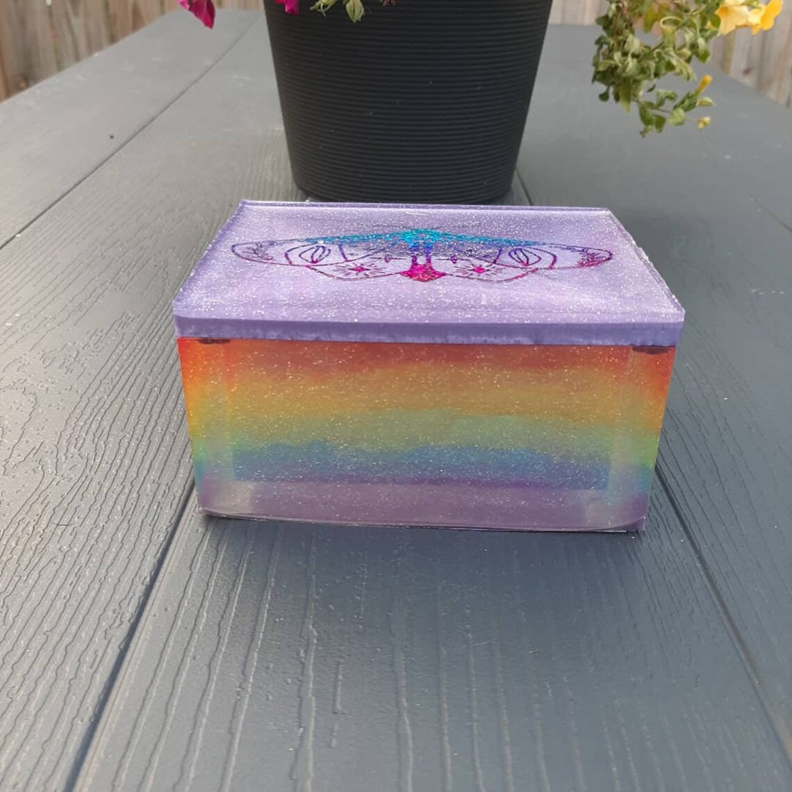 Glittery rainbow jewelry box. Resin box with lid and moth Etsy