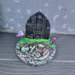 Sleeping baby dragon with base. Fairy door and mushrooms. Nature-inspired. Magical. Mythical creatures. Dragon Lovers and collectors.