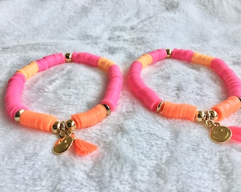Pulsera de neón, pulsera sonriente, rosa neón, naranja neón, festival, pulsera dorada, rosa se funde con naranja, pulsera de cuentas boho, pulsera Katsuki