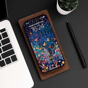 Scenario 3D di fiori, alberi, uccelli e stelle Sfondo per iPhone / Sfondo per cellulare / Sfondo per LockScreen iOS / Sfondo per cellulare / 0348