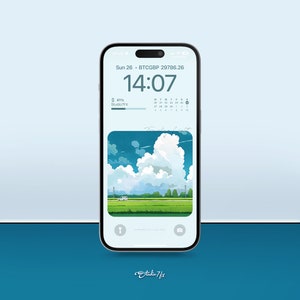 Può includere: Un mockup di smartphone con un'immagine di sfondo di cielo blu e nuvole bianche. Lo schermo mostra l'ora 14:07, la data Dom 26 e il testo "BTCGBP 29786.26". Il livello della batteria è del 41% e viene visualizzato il testo "Studio7FX".