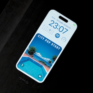 May include: A blue and white smartphone screen displaying the time 23:07, the date Friday 8, and the text "CITY POP STORY". The screen also shows a calendar with the current date highlighted, a Spotify icon, and a blue pool with palm trees in the background.