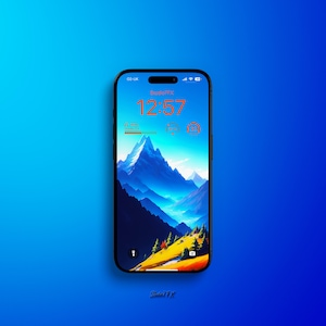 以下が含まれることがあります： 青い背景に、青い画面のスマートフォン。画面には、12:57のデジタル時計と、山岳風景が表示されている。
