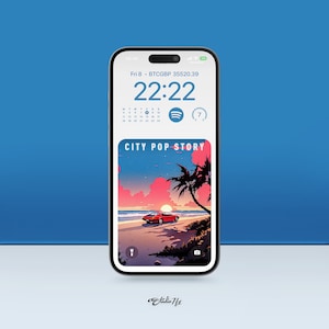 May include: A smartphone screen showing the time 22:22, the date Friday 8, and the text "CITY POP STORY". The background image is a sunset scene with a red car on a beach.