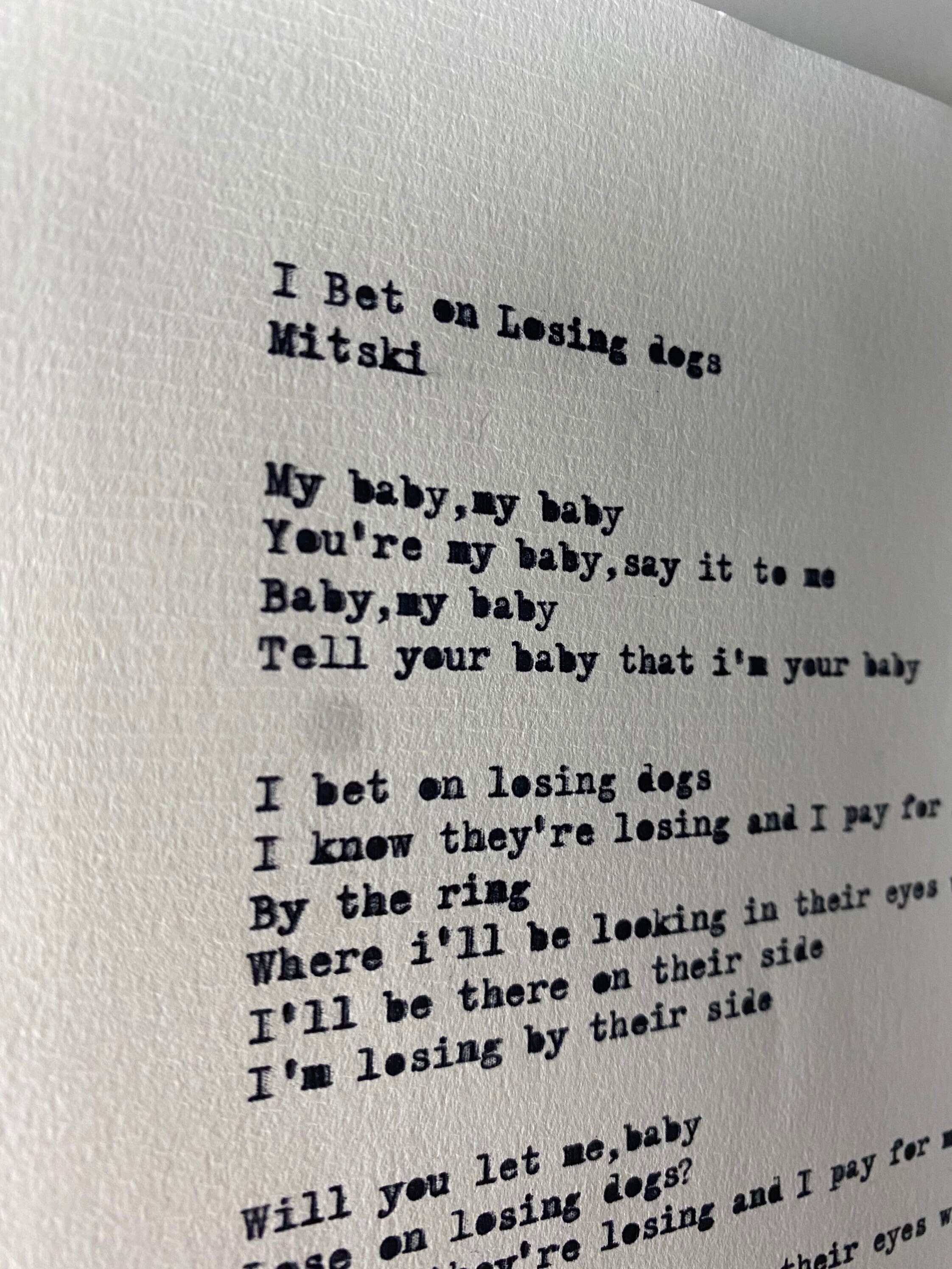 Mitski Handtyped lyrics poster I Bet On Losing Dogs A4 Etsy Mitski Handtyped lyrics poster I Bet On Losing Dogs A4 Etsy