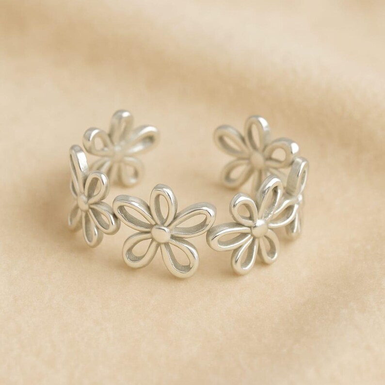 Sterling Silver Daisy Flower Ring | Adjustable Boho Floral Band ...