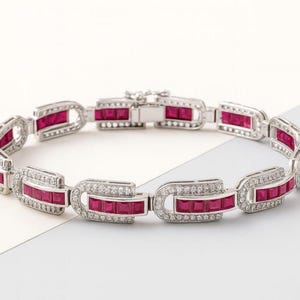 Pulsera de tenis de rubí • Plata de ley 925, eslabón geométrico