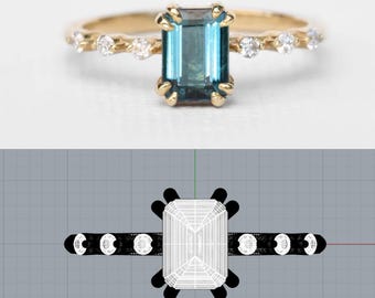 May include: A gold ring featuring a rectangular, teal-colored gemstone as the centerpiece. The band is adorned with small, round, clear gemstones. The ring's design is elegant and modern, suitable for engagement or everyday wear.