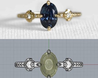 May include: A gold ring featuring an oval, dark blue gemstone as the centerpiece. The ring has small, round diamonds on each side of the center stone, with a delicate band. The design is elegant and detailed, showcasing a classic jewelry style.