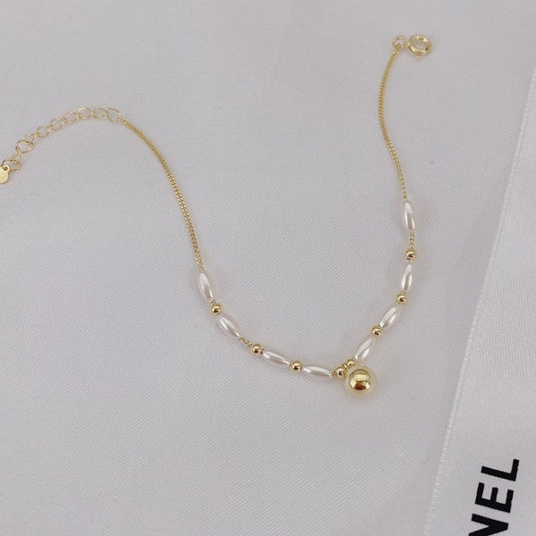 Perlenarmband Glieder ,Handgemachtes Schmuck Echte Perlen,Armband gold 14K Vergoldet,Armband Anhänger,Amband Boho,Kugel Armband
