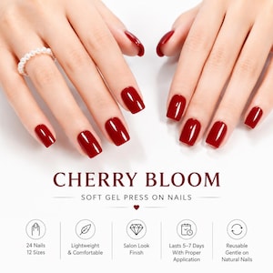 Op de afbeelding: Cherry Bloom soft gel press-on nagels met een glanzende dieprode afwerking. De set bevat 24 nagels in 12 maten, ontworpen voor een lichtgewicht, comfortabele en herbruikbare salon-look die 5-7 dagen blijft zitten bij correct aanbrengen.