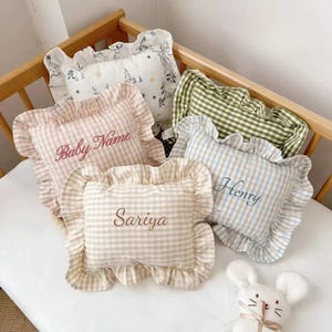 Custom Embroidered Plaid Baby Cushion - Nordic Style Cotton Pillow with Ruffles, Personalized Baby Shower Gift, Newborn Bedding Decor