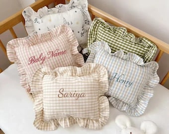 Custom Embroidered Plaid Baby Cushion - Nordic Style Cotton Pillow with Ruffles, Personalized Baby Shower Gift, Newborn Bedding Decor