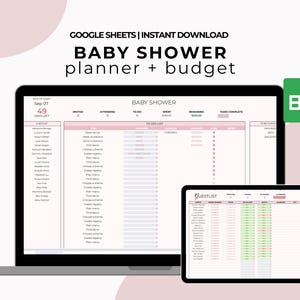 Könnte beinhalten: Eine digitale Babyparty-Planer- und Budgetvorlage, die auf einem Laptop und Tablet angezeigt wird. Die Bildschirme zeigen eine Tabelle mit rosa und weißem Farbschema. Der Text "BABY SHOWER planner + budget" steht oben. Ein grünes Google Sheets-Symbol befindet sich oben rechts.