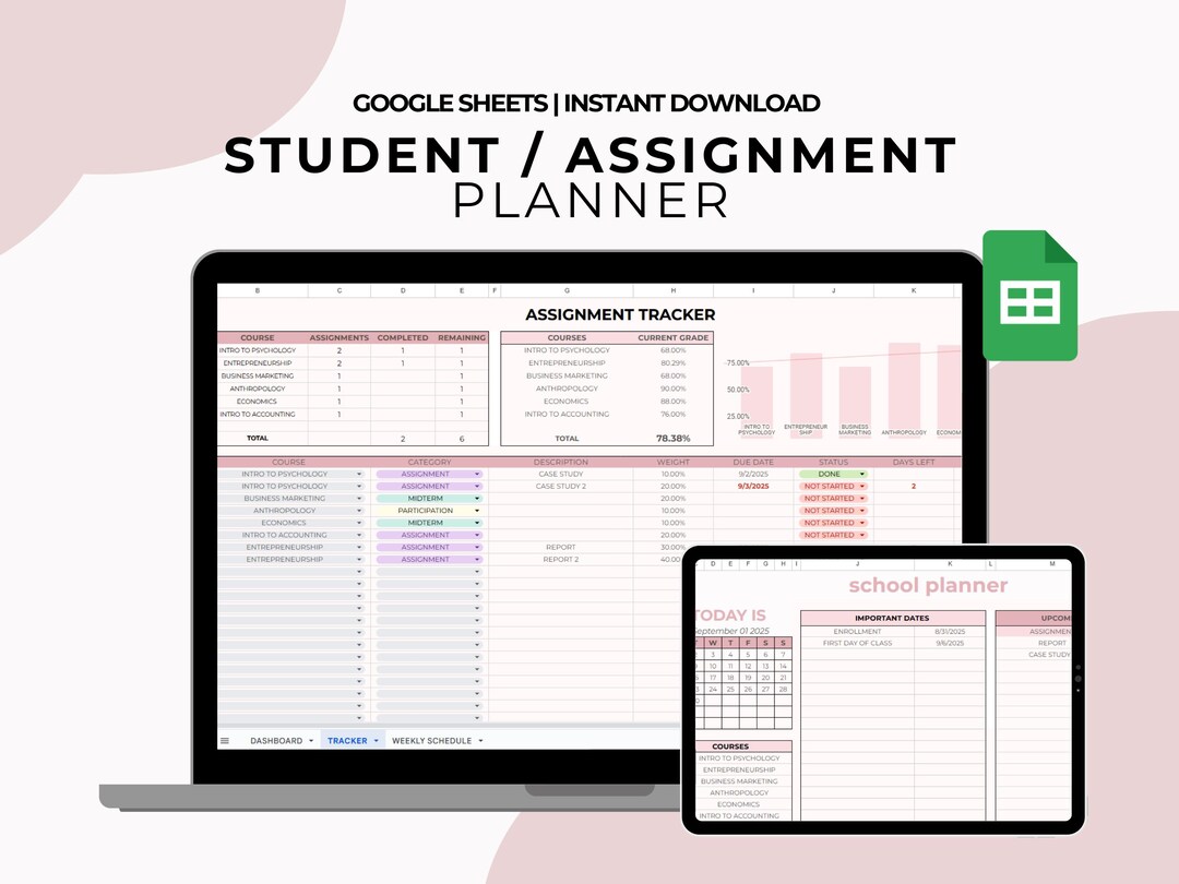 School Planner Student Assignment Tracker | Google Sheets School ...