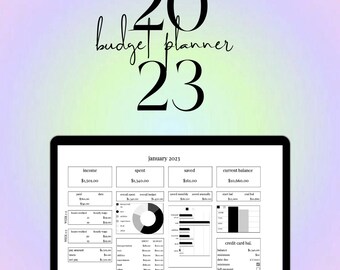 May include: A black and white laptop screen displaying a budget planner for January 2023. The planner includes sections for income, spending, savings, and current balance. The screen also shows a pie chart, bar graphs, and a table.