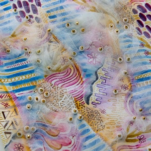 Benthic - Mixed Media Collage with Watercolor, Thread, Beads and Tulle