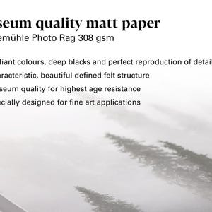 K&ouml;nnte beinhalten: Nahaufnahme eines Drucks mit dem Text "Museum quality matt paper" und "Hahnem&uuml;hle Photo Rag 308 gsm". Der Druck hebt brillante Farben, tiefes Schwarz und Museumsqualit&auml;t f&uuml;r Kunstanwendungen hervor.